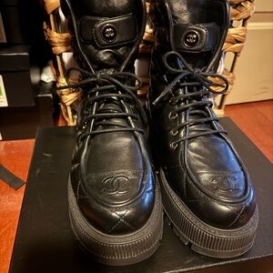 CHANEL Black Leather Lace-Up Platform Ankle Boots with CC Medallion